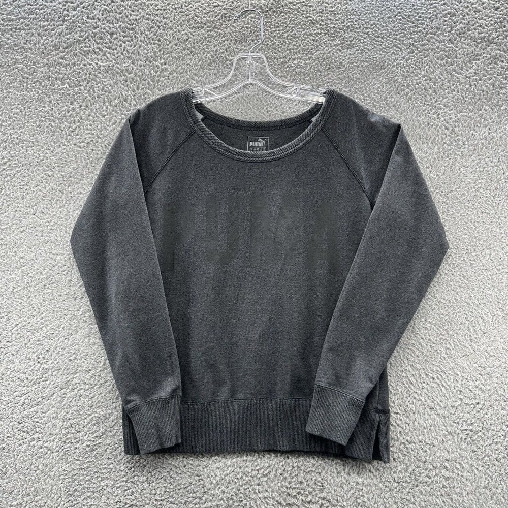 PUMA Sweatshirt Women's Small‎ Gray Graphic LOGO Crew Neck Sweatshirt Ladies S
